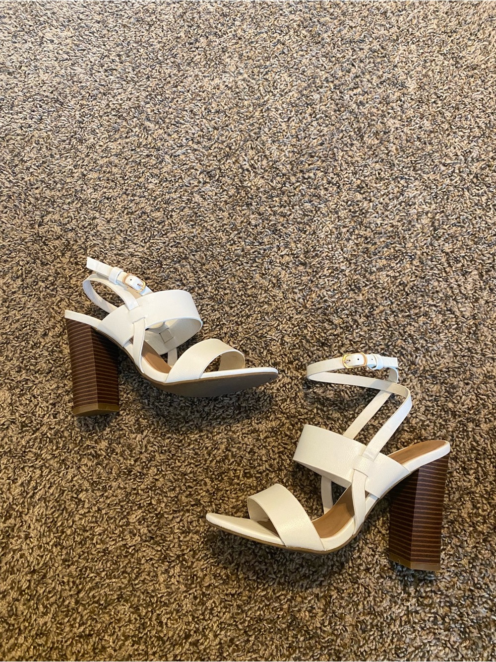 BAMBOO White Strappy Block Heel Sandals with Brown Wood-Look Heel